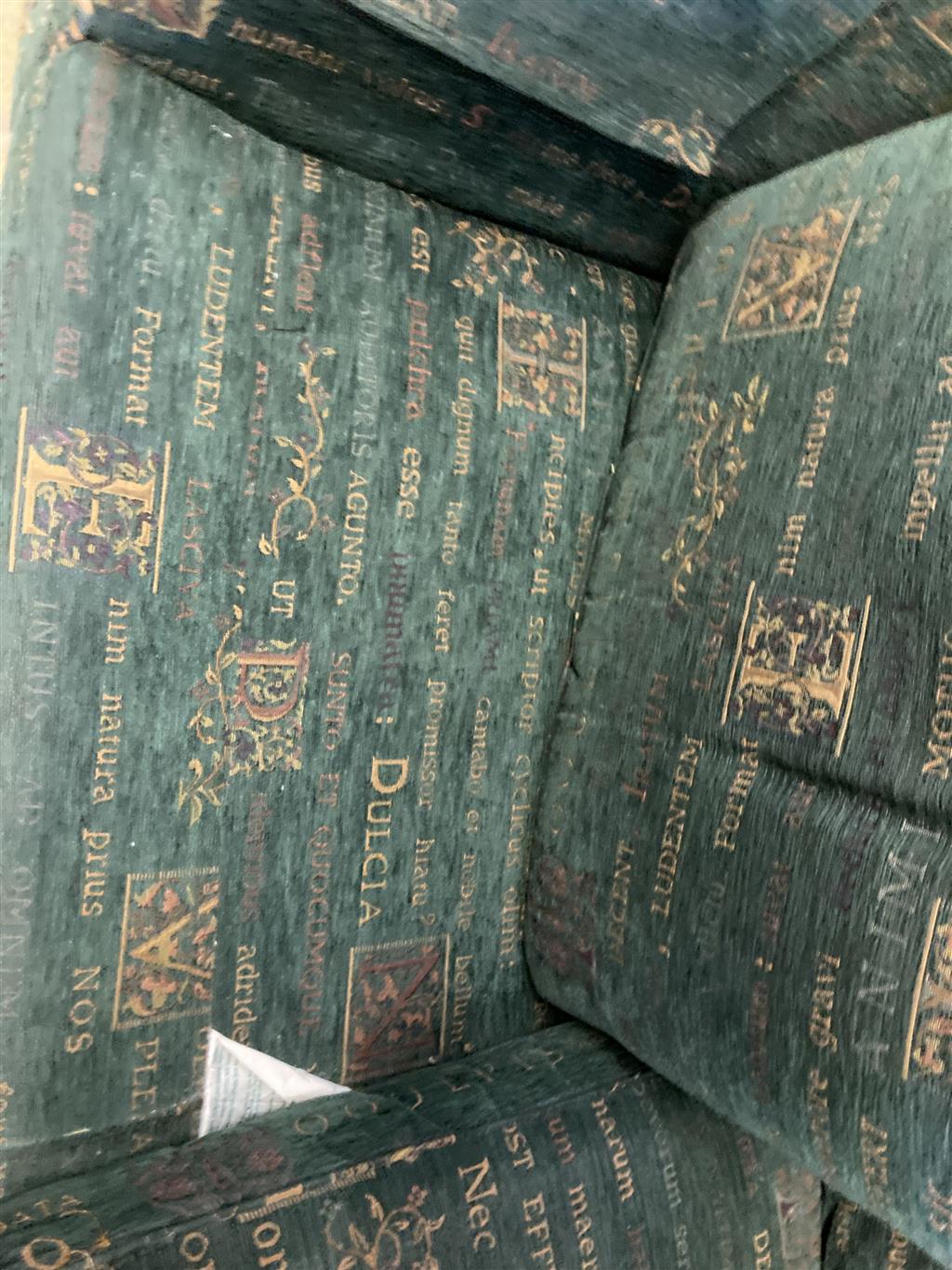 A modern contemporary upholstered two seater sofa upholstered in patterned green fabric, length 178cm, depth 97cm, height 78cm